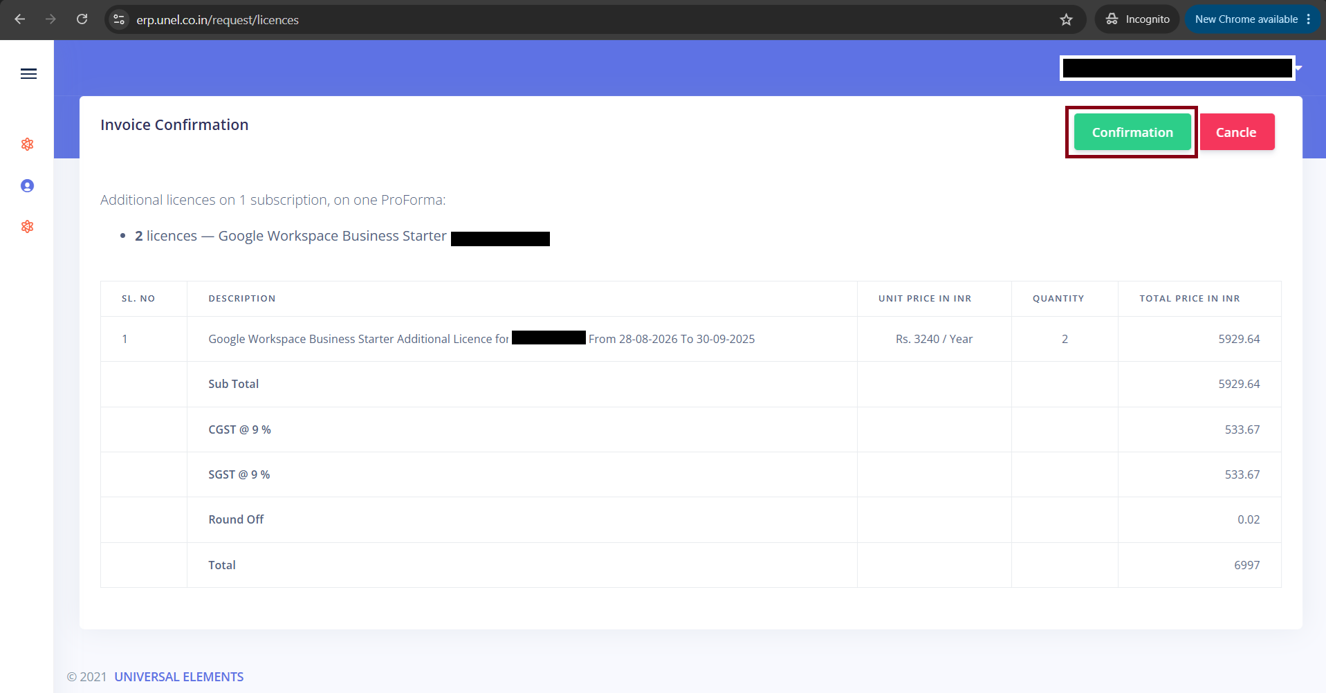 Invoice Confirmation page with Confirmation and Cancel buttons