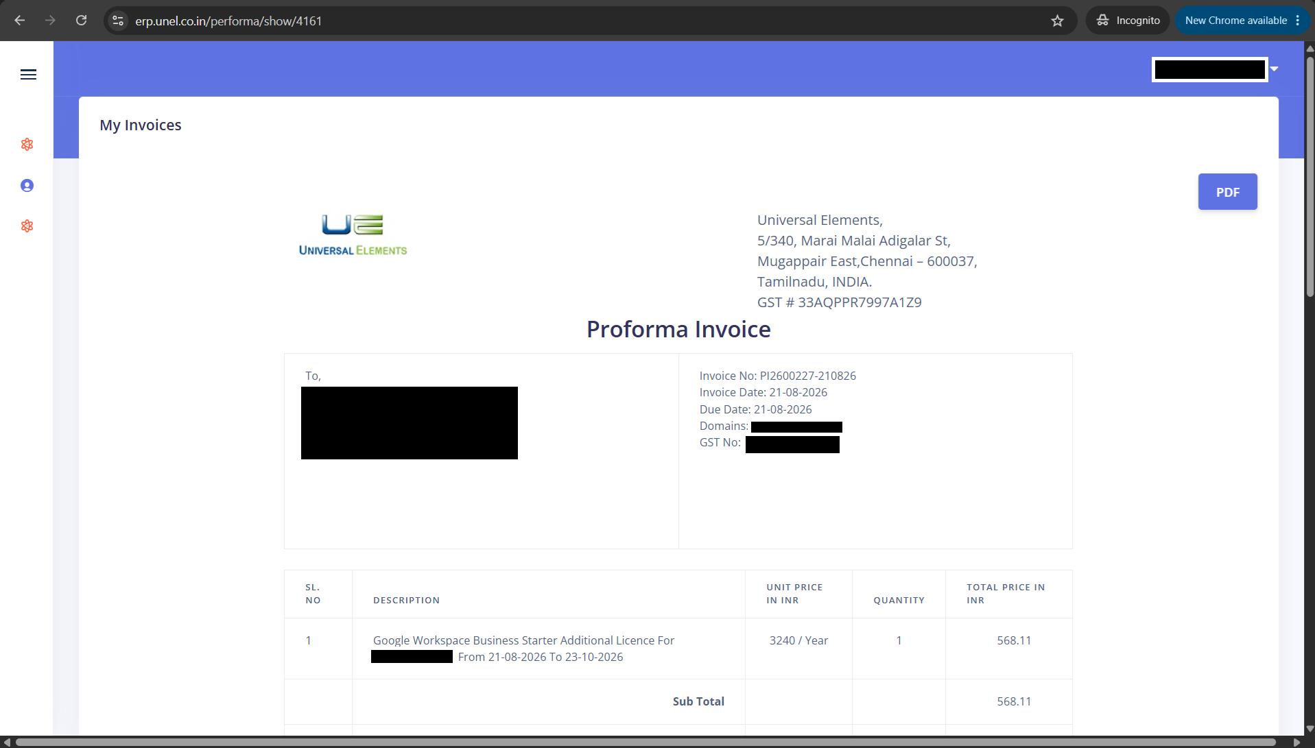 The raised Proforma Invoice