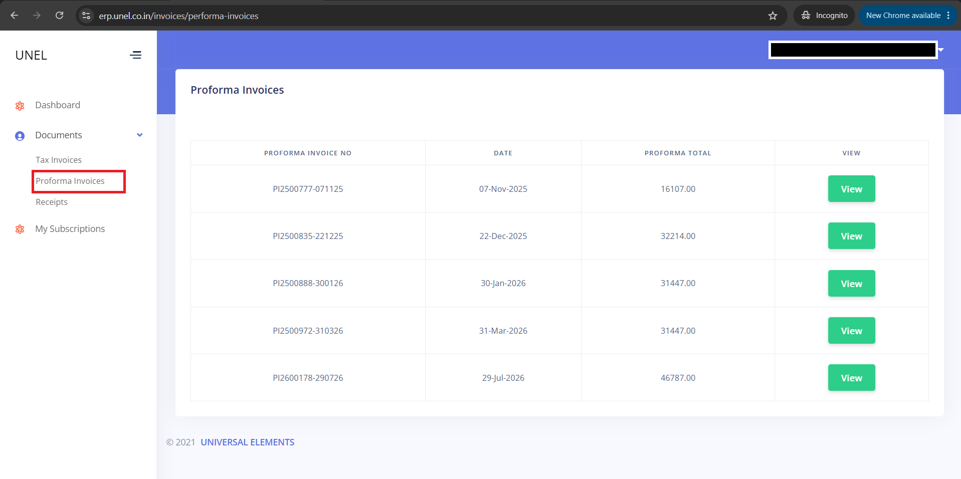 Proforma Invoices list