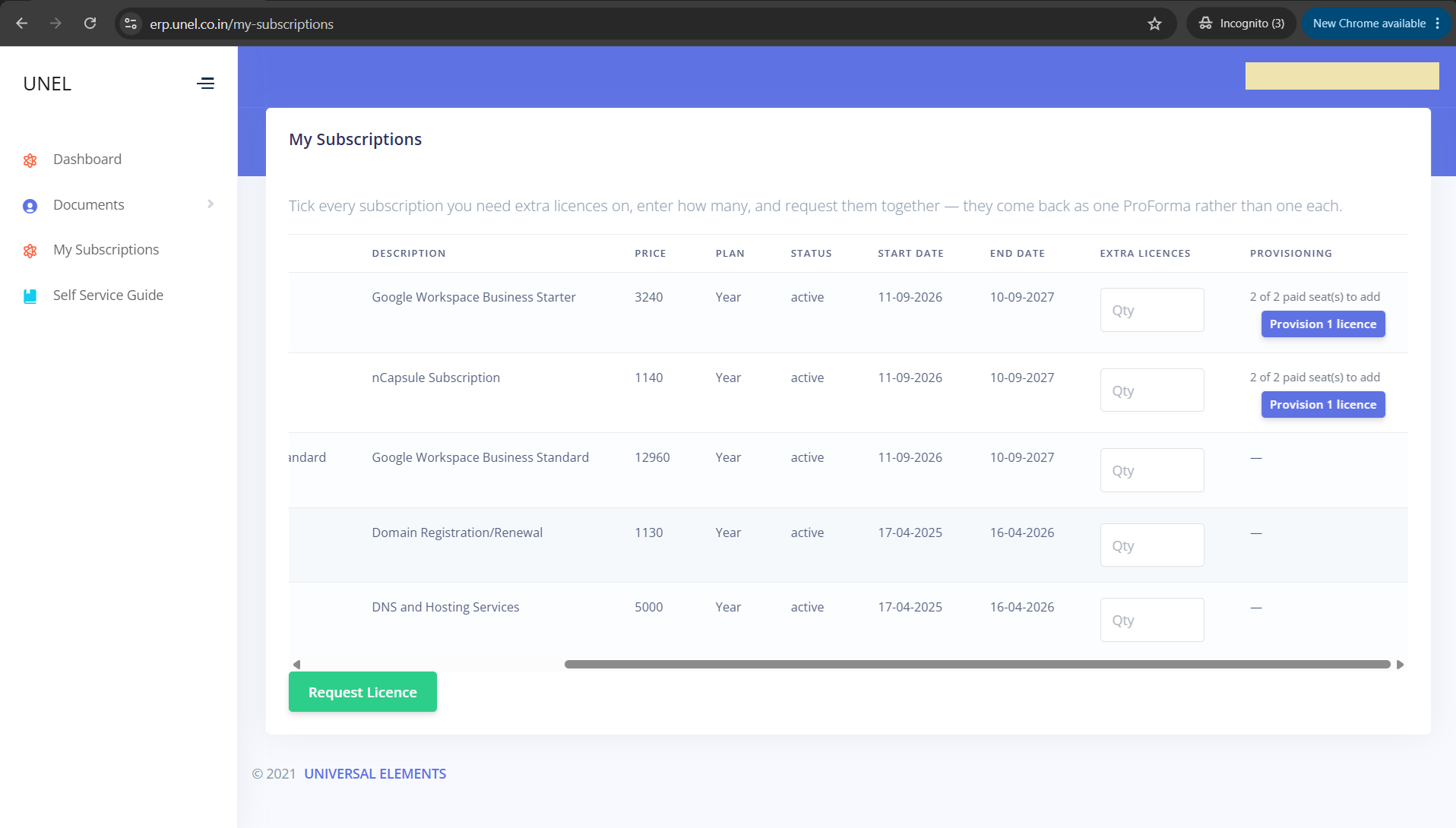 My Subscriptions showing the Provisioning column and the Provision 1 licence button
