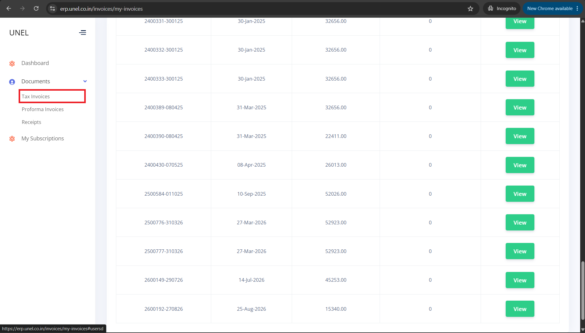 Tax Invoices list